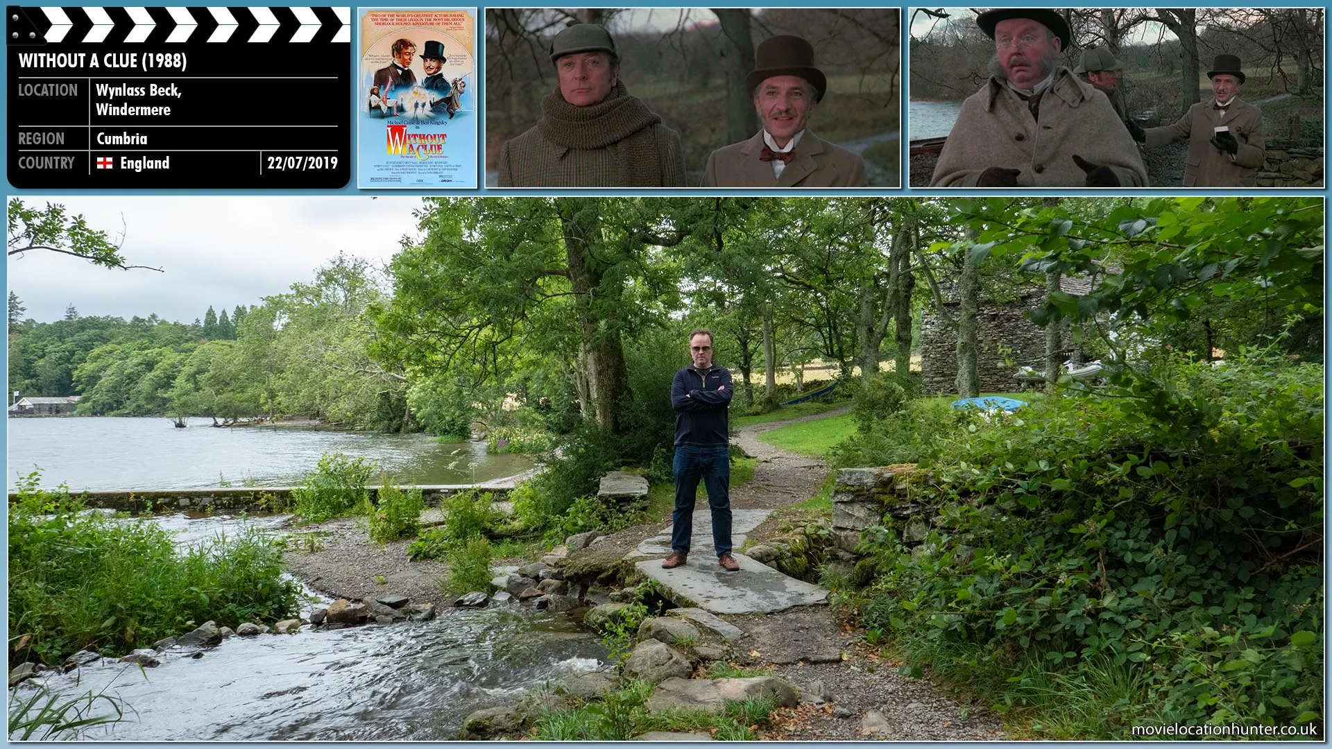 Filming location photo, shot in England, for Without a Clue (1988). Scene description: Watson (Ben Kingsley) tells the Mayor (Harold Innocent) not to move until Holmes (Michael Caine) has had a chance to inspect the area for clues.