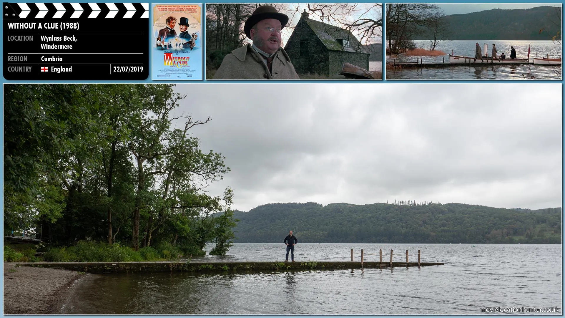 Filming location photo, shot in England, for Without a Clue (1988). Scene description: Holmes (Michael Caine) and Watson (Ben Kingsley) disembark a small boat and walk along a small jetty where the Mayor (Harold Innocent) is waiting to greet them.