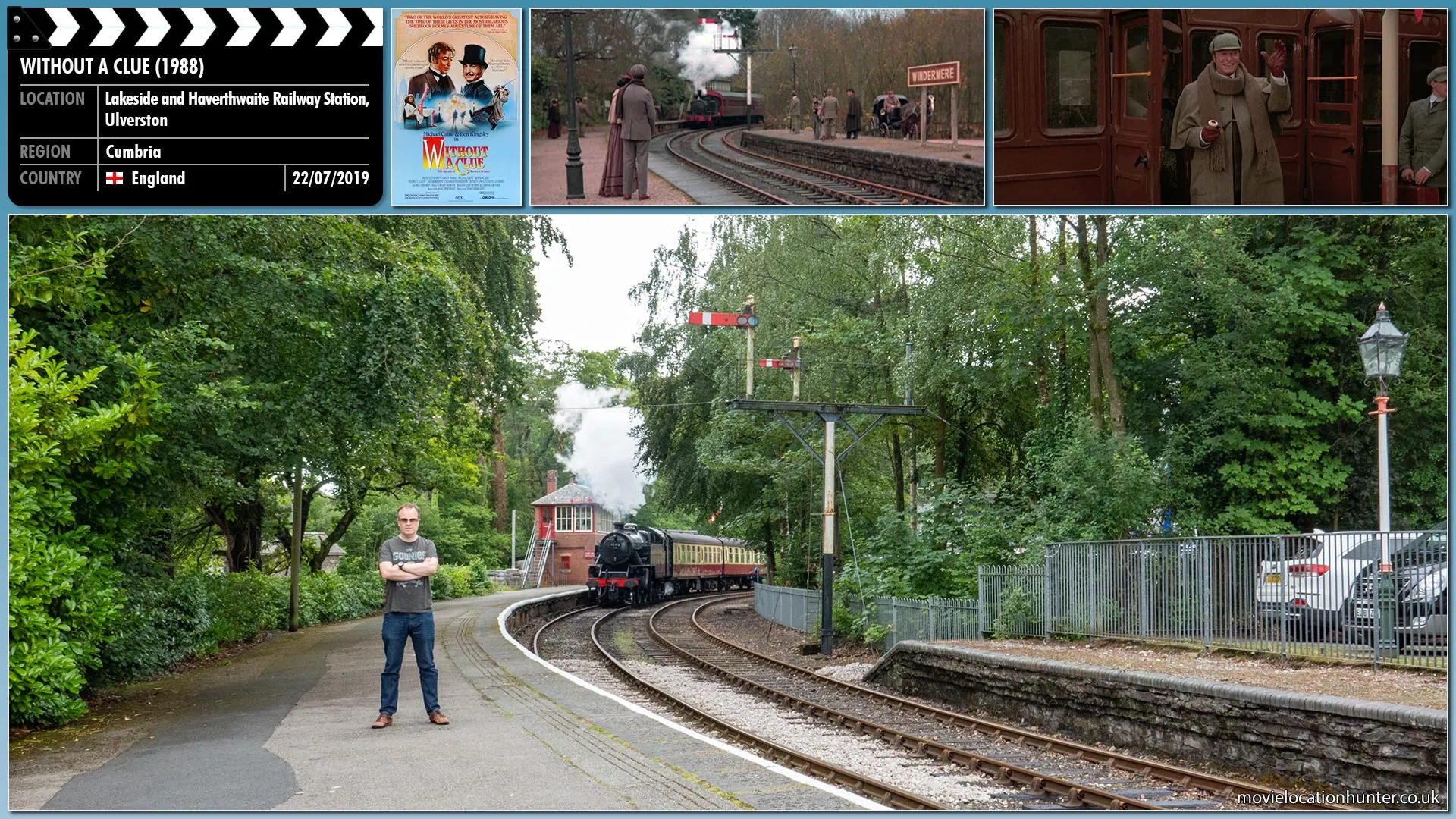 Filming location photo, shot in England, for Without a Clue (1988). Scene description: A train from London arrives at Windermere Station where a band plays Rule Britannia awaiting the arrival of both Holmes (Michael Caine) and Watson (Ben Kingsley).