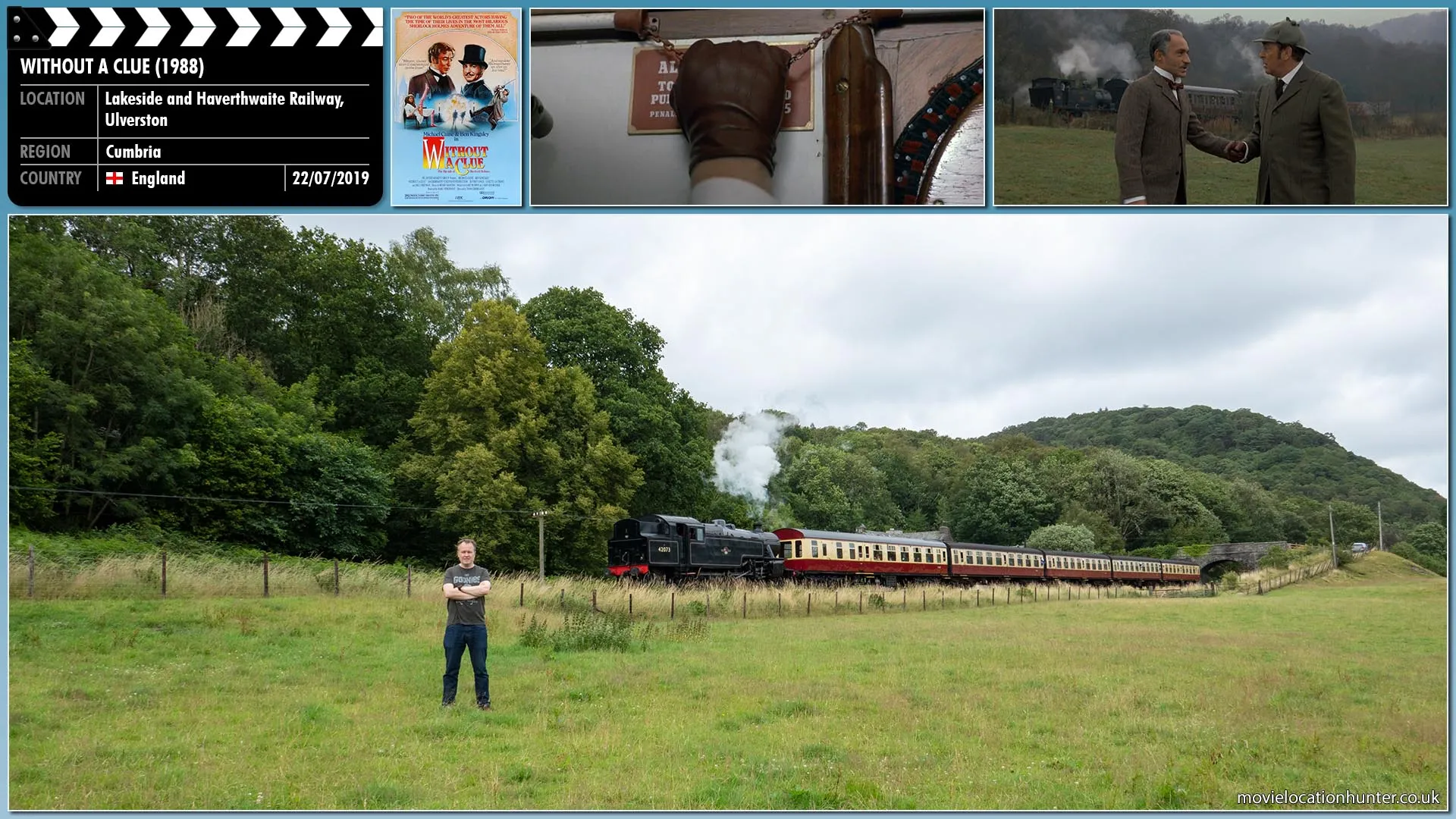 Filming location photo, shot in England, for Without a Clue (1988). Scene description: After discovering Professor Moriarty (Paul Freeman) is the mastermind behind the crimes a distraught Holmes (Michael Caine) pulls the emergency stop bringing the train to an abrupt stop before jumping from the train into a field.