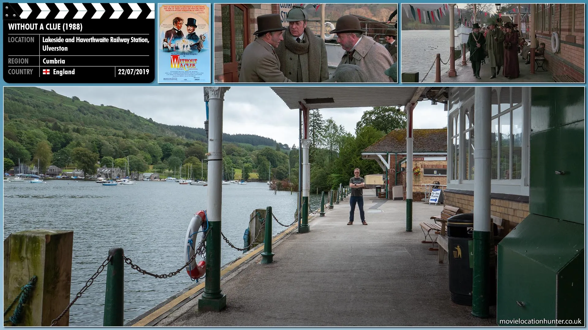 Filming location photo, shot in England, for Without a Clue (1988). Scene description: The Mayor (Harold Innocent) leads Holmes (Michael Caine) and Watson (Ben Kingsley) to Andrews (John Tordoff), a local dock worker on the lake, who remembers Giles (John Warner) because he carried a brown leather suitcase that was fastened to his wrist with a pair of silver handcuffs.